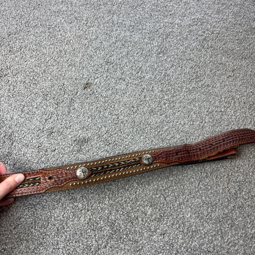 vtg Western Leather‎ Belt braided horsehair inlay cross Brown Conchos Studded 38